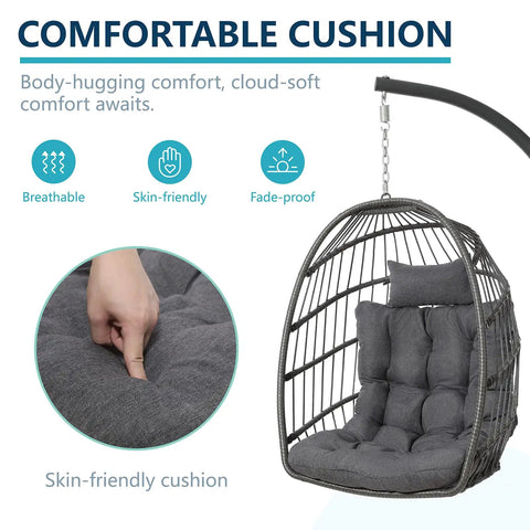 Close-up of Outdoor Indoor Hanging Egg Chair With Stand Cushioned Swing Seat In Dark Grey Wicker Hammock showing cushion detail.