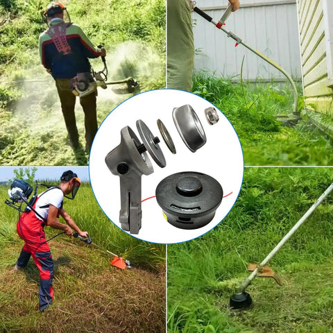 Gearbox Trimmer Head With AutoCut 25 2 Replacement For Brushcutter Weed Eater Gas Trimmers in action and components displayed