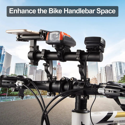 40 cm Aluminum Alloy Bike Handlebar Extender Mount For On The Go Riders, holds devices, fits 18-34 mm handlebars, urban scene