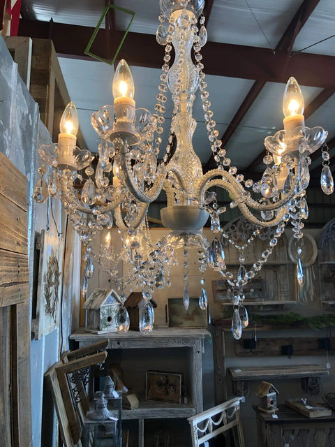 Plug In 6 Light Crystal Hanging Swag Chandelier with White Metal Frame Clear Glass Stem and Acrylic Crystals for Nursery