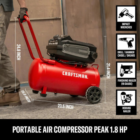 No Nonsense 10 Gallon Electric Air Compressor With Wheels 175 Psi Max Push 1 8 Hp Oil Free Motor Dead Quiet setup being moved.
