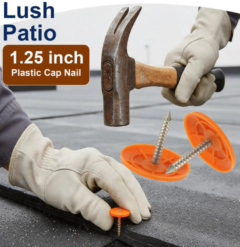 No Fuss Plastic Cap Nails Paired With Heavy Duty Electro Galvanized Ring Shank Fasteners And Resilient Orange Waterproof Washers For Fast Tar Paper And Roof Deck Work being installed with a hammer.