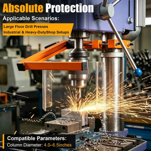 Heavy Duty Drill Press Guard For Big Floor Models with clear safety shield for 4.0 to 6.5 inch round columns in use