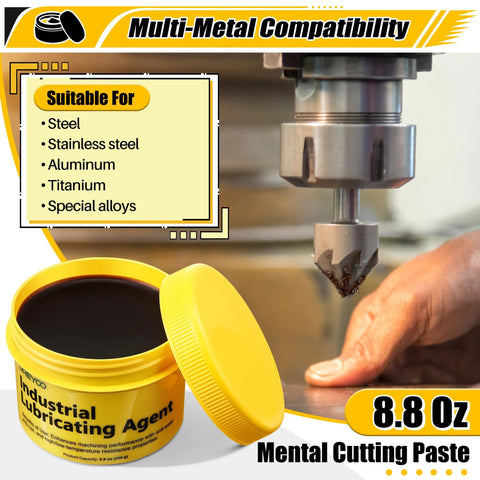 Dreyoo cutting paste, 8.8 oz jar, yellow container with black paste, metal drilling lubricant