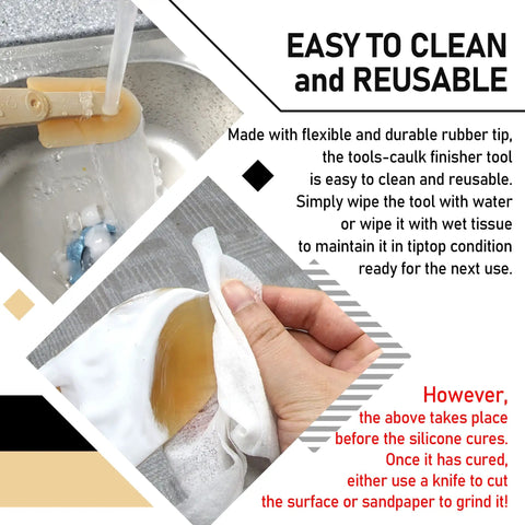 Pro Grade Silicone Caulking Tool Set Five Size Kit showing flexible rubber tip being cleaned with water and tissue
