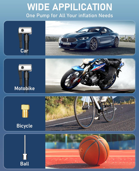 Portable Tire Inflator And Air Compressor With Dual Power Battery And 12V DC Car Bike Motorcycle Pump 150 PSI usage illustration