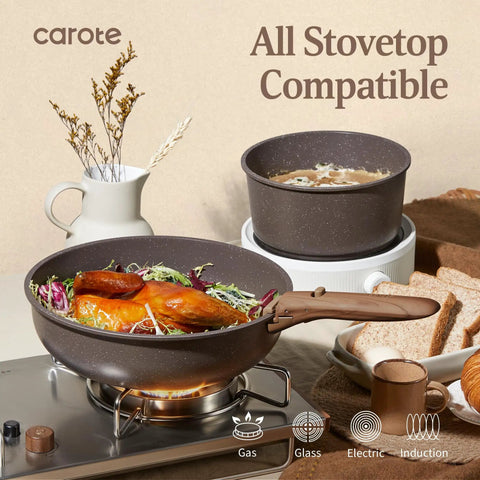 21 Piece Pots And Pans Set With Detachable Handles Nonstick Cookware Induction Compatible Oven Safe Dishwasher Safe showing stovetop cooking