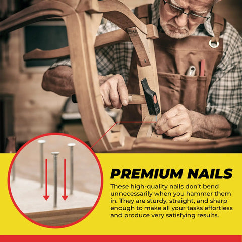 A craftsman using the All Purpose Nail Set Bundle For DIYers Includes Finish Nails, Common Nails, Brad Nails, Wire Nails, And Picture Hanging Nails A Complete Woodworking Fasteners Kit For Home Improvement Projects And A Pro Finish to construct a wooden chair.