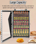 Heavy Duty Stainless Steel Food Dehydrator For Fruits Veggies And Meats With Killer 360 Airflow Plus Straight Up Temp Control, open showing 18 trays.