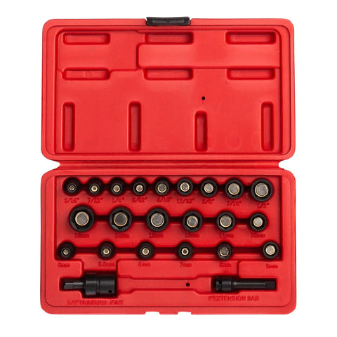 Magnetic Impact Socket Set For One Quarter Inch Drive And Metric 23 Piece Chrome Moly Steel With Radius Corner Design And Chamfered Openings For High Torque Fasteners And A Solid Easy Grip