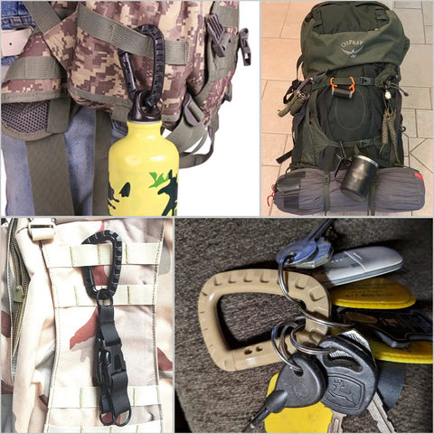 Image showing 6-Pack Tactical Carabiner Keychain Clips Set Heavy Duty Plastic D-Ring Snap Hooks attached to backpacks and holding keys