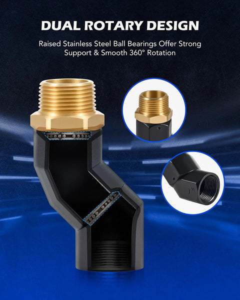 Two Piece One Inch NPT Fuel Hose Nozzle Swivel Kit With 360 Degree Rotation For Easy Safe Fueling And Flexible Angled Access Gas Pump Ready Fits Any 1 Inch Hose Or Nozzle Leak Free And Durable. Black 1-inch NPT brass swivel with dual rotary ball bearings