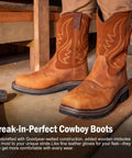 Rugged Steel Toe Cowboy Boots For Men Western Square Toe Work Boot In Full Grain Leather Hazard Protection Size 10.5 Light Brown
