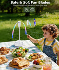 4 Pack Rechargeable Food Fans For Tabletop Use With 2000mAh Battery, holographic blades, picnic table setting, child present