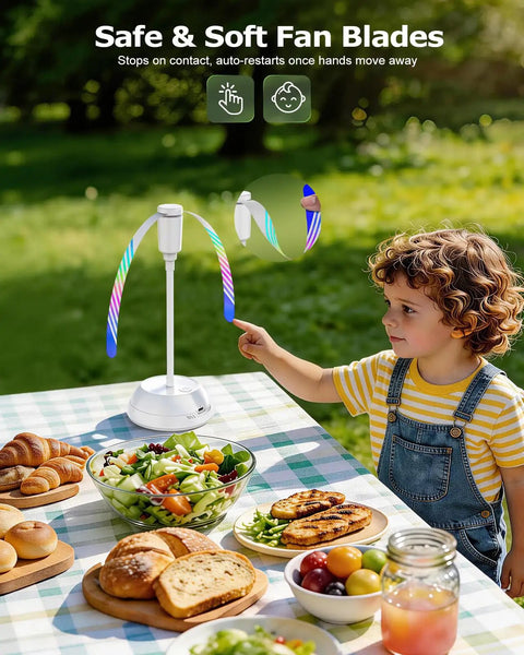 4 Pack Rechargeable Food Fans For Tabletop Use With 2000mAh Battery, holographic blades, picnic table setting, child present