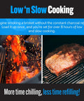 Slow N Sear Original Charcoal Basket For Weber 22 Inch Kettle Two Zone Smoker Attachment with flames and meat