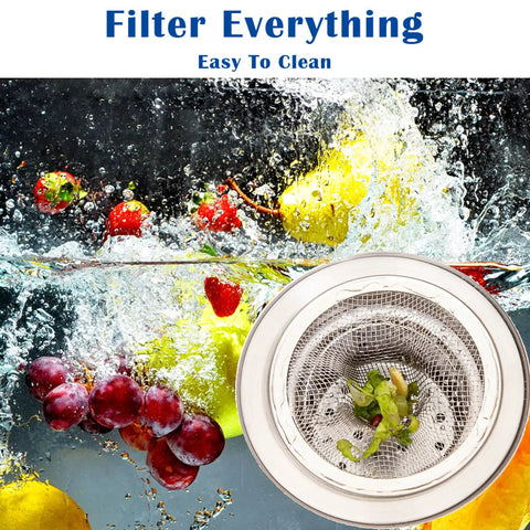 Two Pack Heavy Duty Stainless Steel Slop Basket Filter Trap With A 2.75 Inch Top capturing debris in water with fruits