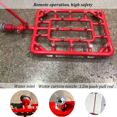 Heavy Duty EV Battery Cooling Extinguisher With Steel Push Pull Rod For Lithium Pack Fire Suppression At Charging Stations And Fuel Pumps Keeps Your Rig Cool No Sweat, showing red steel frame with water nozzles.
