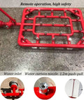 Rock Solid Electric Vehicle Chassis Cooling Setup With Twenty Four Water Mist Nozzles And Quick Hydrant Hookup For Top Shelf Fire Safety And Crush The Heat Battery Protection, red steel frame with mist nozzles and remote operation.