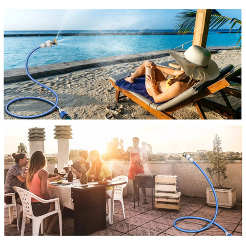 Upgraded 2025 Outdoor Patio Misting System With 3 Brass Nozzles cooling patio and poolside areas in use