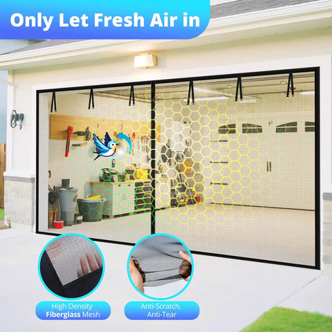 Magnetic Garage Door Screen 16x7 Ft With Retractable Fiberglass Mesh shown on a two-car garage with weighted bottom.