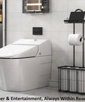 Freestanding Toilet Paper Holder With Storage Shelf No Drill Easy Roll Dispenser For Toilet Paper And Magazines Phone Tablet Organizer Black Bathroom Rack For Small And Large Bathrooms next to modern toilet