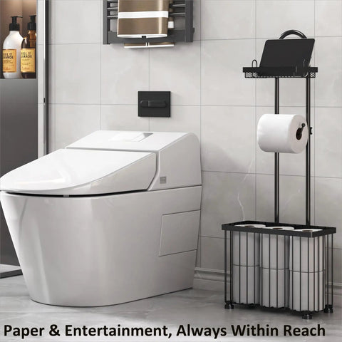 Freestanding Toilet Paper Holder With Storage Shelf No Drill Easy Roll Dispenser For Toilet Paper And Magazines Phone Tablet Organizer Black Bathroom Rack For Small And Large Bathrooms next to modern toilet