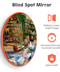 12 Inch Convex Safety Traffic Mirror Boasts Crisp Fisheye Vision For Rock Solid Garage Parking Assist Plus Driveway Blind Spot Wipeout Designed For Outdoor Indoor Install To Crush Hazards In Stores Or Tight Alleyways, reflecting colorful products in a store.