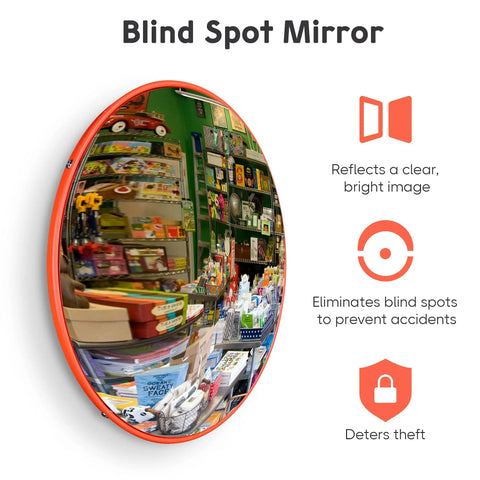 12 Inch Convex Safety Traffic Mirror Boasts Crisp Fisheye Vision For Rock Solid Garage Parking Assist Plus Driveway Blind Spot Wipeout Designed For Outdoor Indoor Install To Crush Hazards In Stores Or Tight Alleyways, reflecting colorful products in a store.