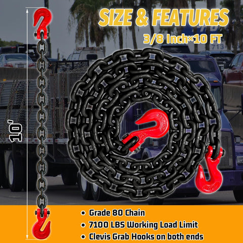 Beefy Three Eighths Inch By Ten Feet Log Chain With Hooks WLL 7100 Lbs Oiled Black Finish on truck background