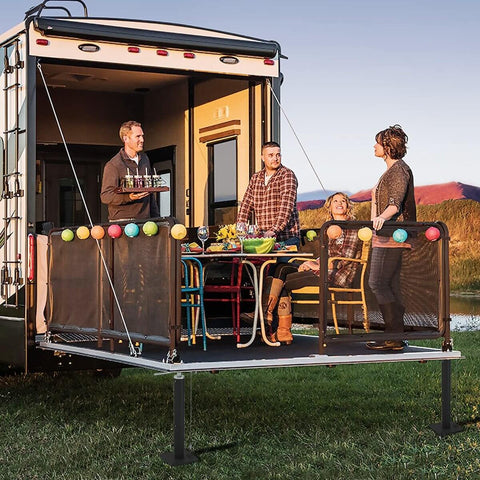 RV with slide-out supported by RV Slide Out Support Jacks for Stability and Sag Prevention, Adjustable 19 to 42 Inches, 5000 Lbs Each, Set of 2
