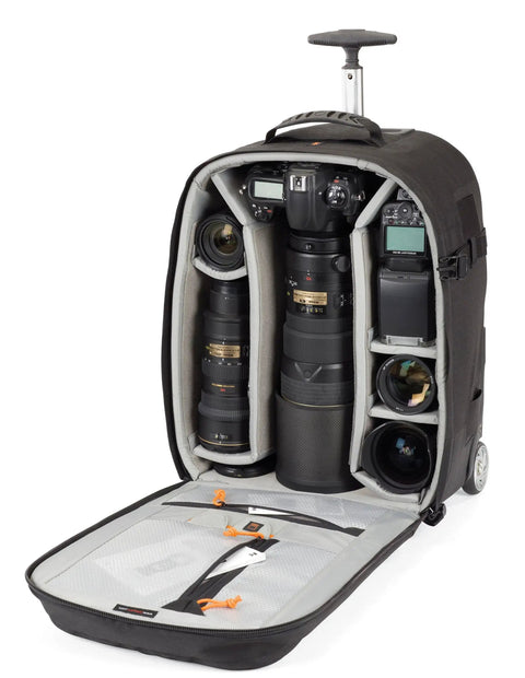 Open Dual Mode DSLR Gear Backpack And Rolling Case For Cameras Lenses And Laptop Up To 15.4 Inches as rolling case view