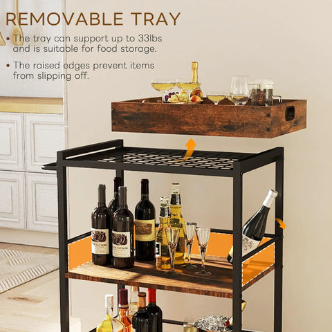 Kickback Ready Three Tier Kitchen Cart With Smooth Rollin Wheels Rustic Brown removable tray for drink storage and organization.