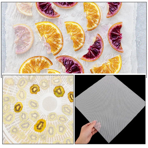 Eight Pack Silicone Dehydrator Mats Nonstick Reusable Food Sheets For Fruit Drying And Jerky Making Compatible With Most Dehydrator Machines Easy To Peel And Clean For Home Cooks showing sliced fruits