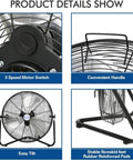 Close-ups of Heavy Duty 20 Inch High Velocity Floor Fan With 4650 CFM, showing motor switch, handle, tilt, and nonskid feet.
