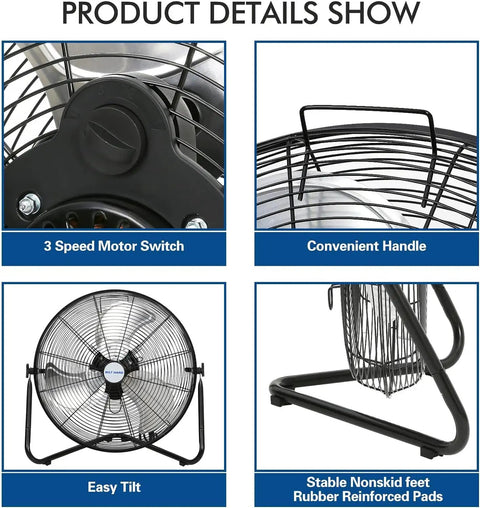 Close-ups of Heavy Duty 20 Inch High Velocity Floor Fan With 4650 CFM, showing motor switch, handle, tilt, and nonskid feet.