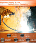 Operator using 200 Amp Stick Welder 110V Portable Inverter with Synergic Control, gloves visible, arc formation.