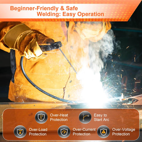 Operator using 200 Amp Stick Welder 110V Portable Inverter with Synergic Control, gloves visible, arc formation.