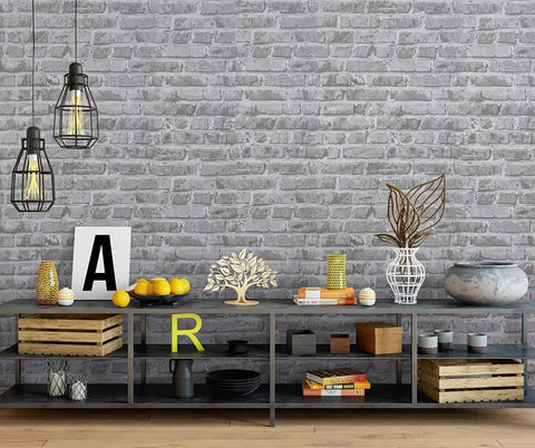 Grey Faux Brick Peel And Stick Wallpaper Roll 17.7 By 472 Inches Self Adhesive Vinyl Film in living room decor with shelving.