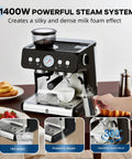Top Shelf Stainless Steel Espresso Maker Featuring Built In Grinder And 20 Bar Pressure With Custom Shot Dial Plus Quick Steam Wand creating dense milk foam.