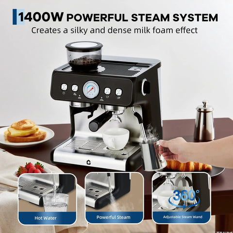 Top Shelf Stainless Steel Espresso Maker Featuring Built In Grinder And 20 Bar Pressure With Custom Shot Dial Plus Quick Steam Wand creating dense milk foam.