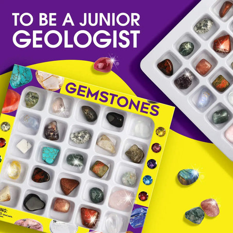 Awesome 25 Piece Rock and Mineral Kit for Kids Ages 6 to 12 STEM Geology Toy Set with Real Rocks Gemstones and Crystals for Hands On Science Discovery and Learning Perfect Starter Geology Kit for Classroom Home School Projects. 25-piece gemstone kit with rocks in tray