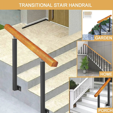 Rock Solid Outdoor Wooden Handrail For 1 To 3 Steps Hella Strong Wall Mount Banister with durable wood design on steps.