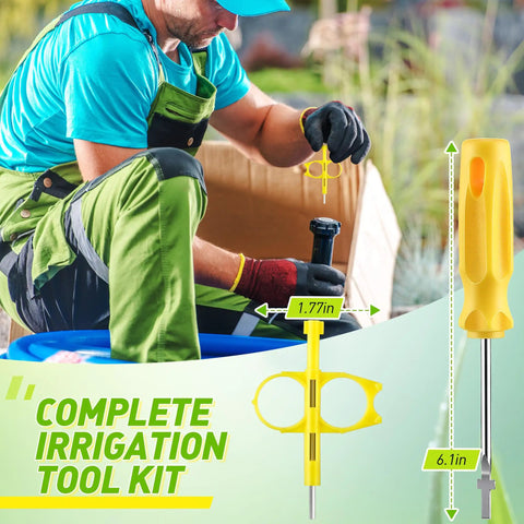 Man using 4 Pack Sprinkler Key And Adjustment Tool Kit For Rain Bird 5000 And Hunter PGP Heads Rotor Nozzle Wrench Set outdoors.