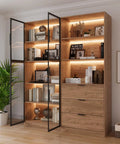 Walnut Display Cabinet With Glass Doors And Three Drawers App Controlled LED Lights Tall Bookcase Storage Display Case In Living Room