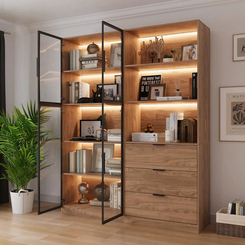 Walnut Display Cabinet With Glass Doors And Three Drawers App Controlled LED Lights Tall Bookcase Storage Display Case In Living Room