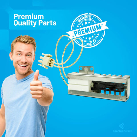 Man with thumbs up next to Gas Range Oven Igniter Replacement for Samsung DG94 01441A Original Style module on blue background