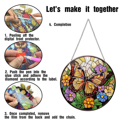 Instructions for completing Dual Sided Diamond Art Hanging Kit For Adults With Butterfly Crystal Ornaments Flower Sun Catchers.