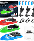 3 Pack High Speed RC Boats For Kids And Adults with USB chargers, remotes, rechargeable batteries displayed with product box.