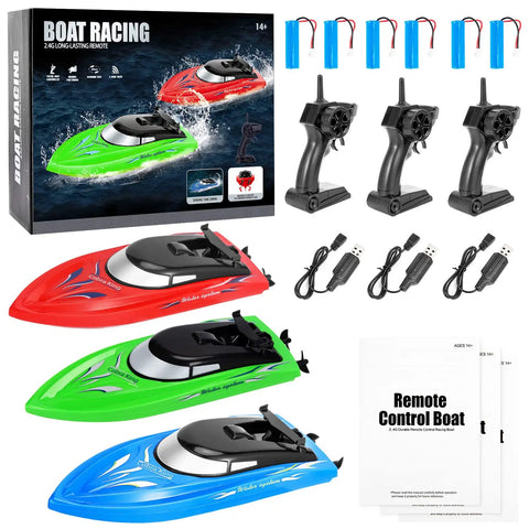 3 Pack High Speed RC Boats For Kids And Adults with USB chargers, remotes, rechargeable batteries displayed with product box.